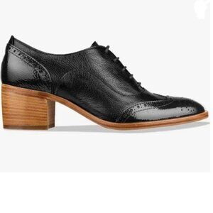 FOWT Black Perforated Lace-Up Oxfords Almond Toe Mid Chunky Heel Brogues Shoes